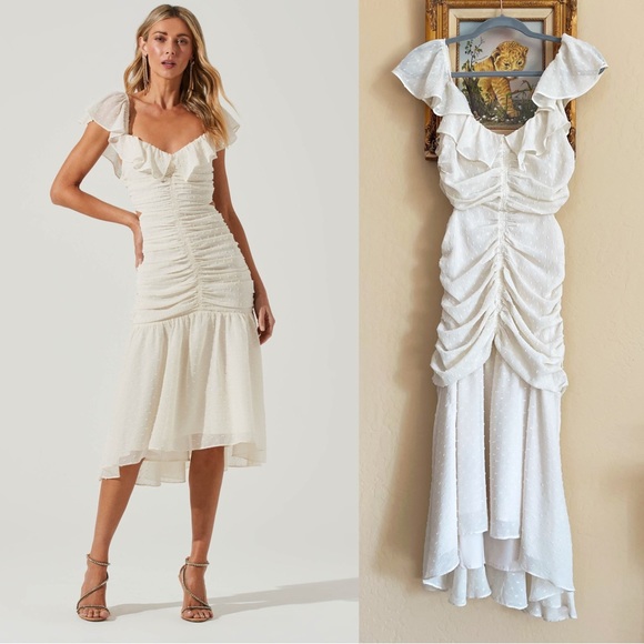 ASTR Ivory Cream Off White Swiss Dot Textured Ruched Ruffle Cut Out Midi Dress - Picture 8 of 17